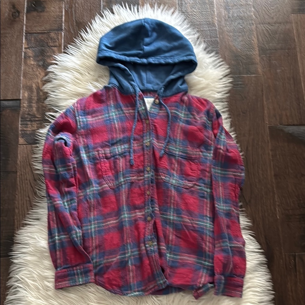 American Eagle Red and Blue Plaid Hooded Shirt